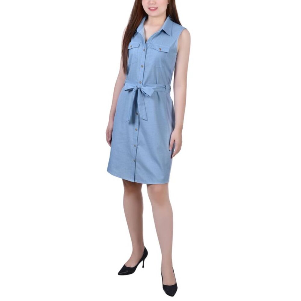 NY Collection Petite Sleeveless Belted Denim Dress